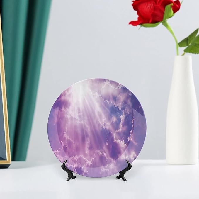 XISUNYA 7 Inch Decorative Plate, Apartment Decor Dinner Plate, Dramatic Magical Sky Sun and Heavy Clouds Sunlights Print Ornament Display Plate Handmade Plate Wedding Christmas Thankgiving Gifts