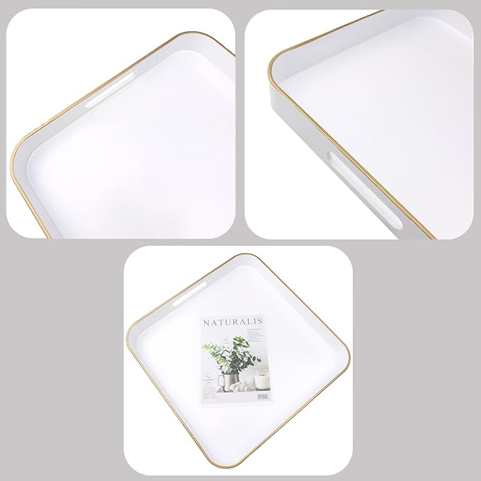 White Square Decorative Tray with Handles, 13"*13" Versatile Serving Tray for Coffee Table, Ottoman, Ideal for Serving, Displaying, Organizing