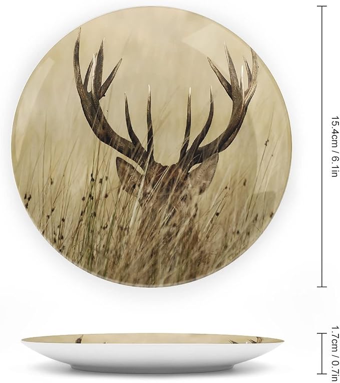 XISUNYA 10 Inch Decorative Plate, Antler Round Porcelain,Whitetail Deer in Wilderness Stag Countryside Rural Hunting Print Ceramic Display Plate for Decorative Ornaments Giving Plates