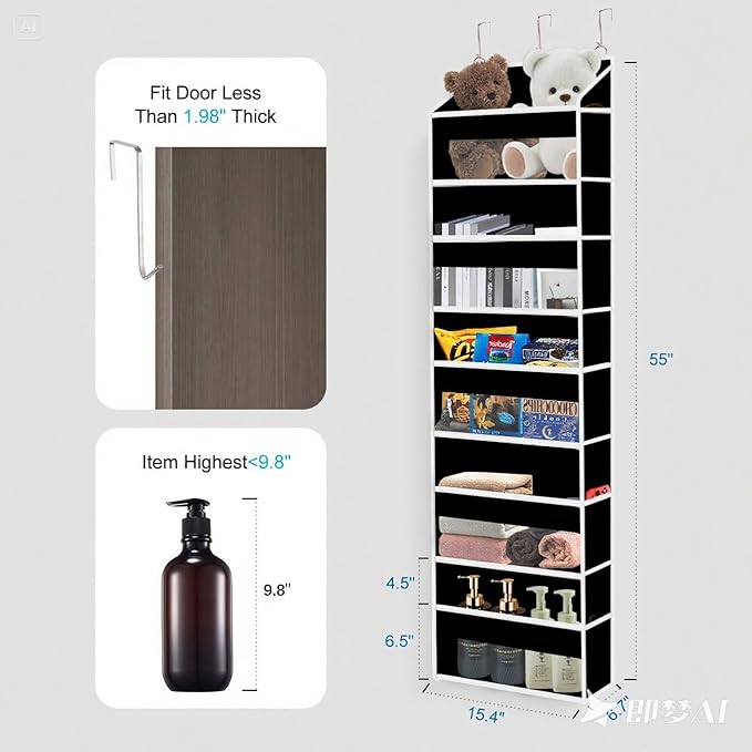 Over The Door Organizer Closet,5 Bins 10 Side Pockets,Hanging Organizer,Anti Tilt 44 lbs Load Door Organizers and Storage with Clear Window for Bedroom,Nursery,Rv,Bathroom,Camper(Pure Black)