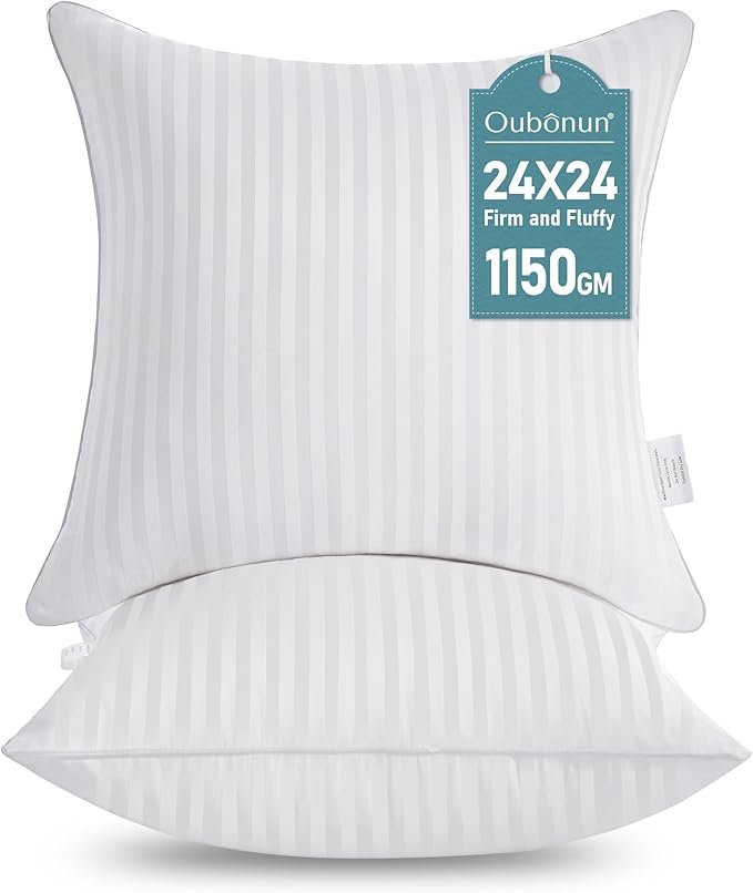 Oubonun 24 x 24 Throw Pillow Inserts, Firm and Fluffy Decorative Square Pillows for Couch Bed Sofa with Soft Cotton Cover White Cushion with Down Alternative Pack of 2