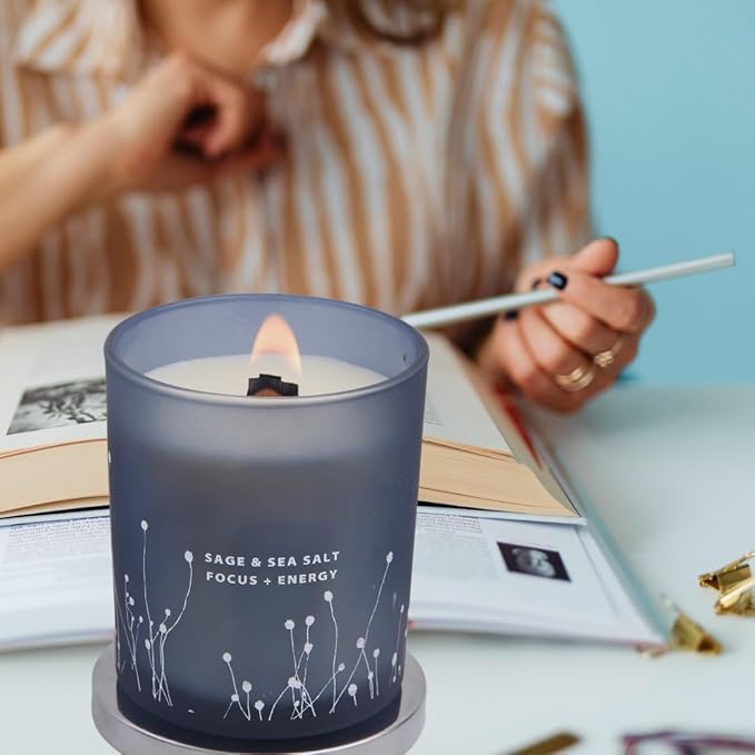 White Sage Sea Salt Scented Candle - Large Wood Wick Soy Candle 10.6 oz - Sage Candles for Cleansing House - Aromatherapy Energy Cleansing Candle