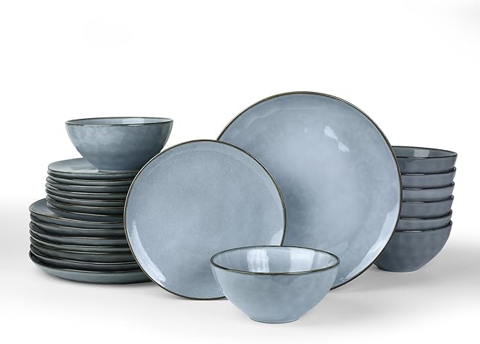 Famiware Dinnerware Sets for 8, Ocean Round 24-Piece Kitchen Plates and Bowls Sets, Reactive Glaze, Microwave and Dishwasher Safe, Scratch Resistant, Blue