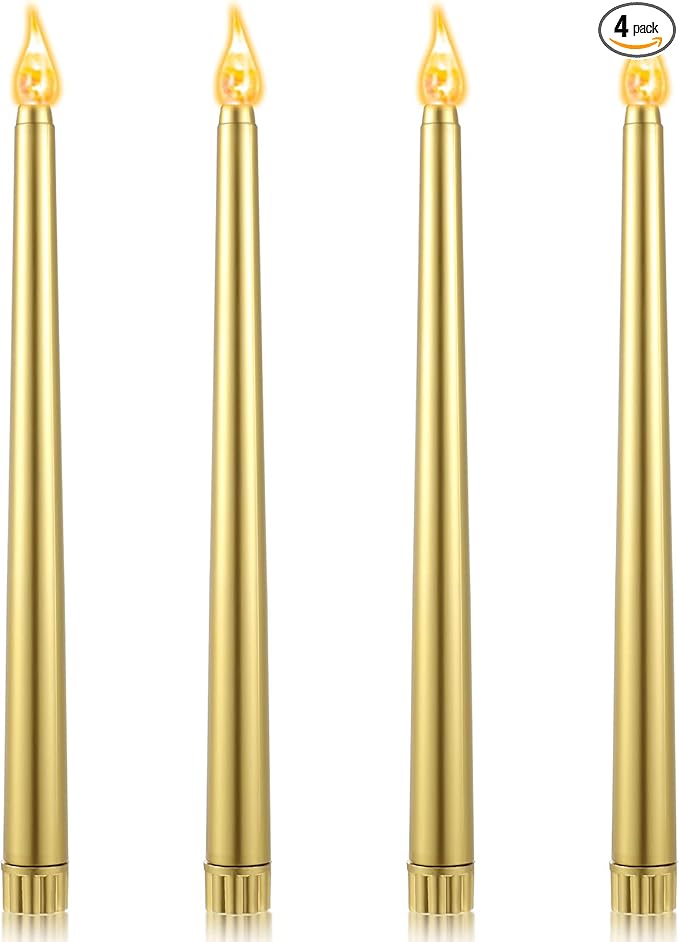 Honoson 4 Pieces Halloween LED Taper Advent Candles Flameless Taper Flickering Candles for Halloween Christmas Advent Rituals Holidays Church, Celebration Home Decor(Gold,Classic Style)