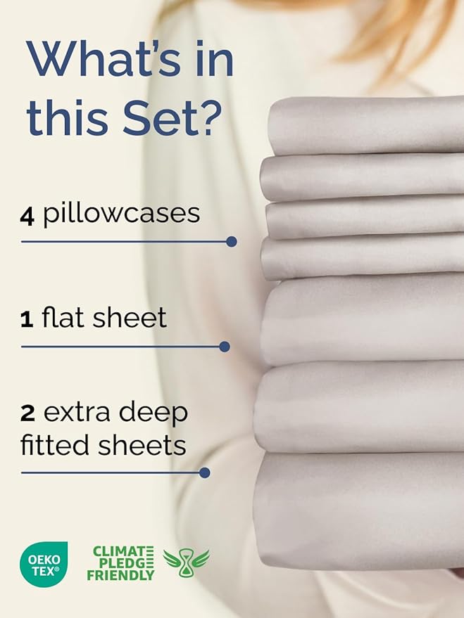 Extra Deep Split King Sheet Set - 7 Piece Breathable & Cooling Sheets - Hotel Luxury Bed Sheets Set - Easy Fit - Soft, Wrinkle Free & Comfy Sheets Set - Light Grey Sheet Set with Extra Deep Pockets