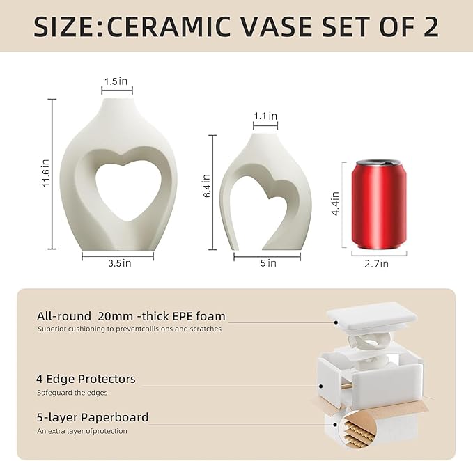White Vases for Decor, Heart Shaped Ceramic Vase Set of 2, Nordic Heart Shaped Vases, Minimalist Decorative Vase for Table Centerpiece Wedding Dining Living Room Office House Decoration