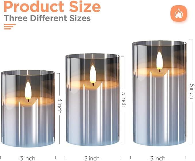 Tyawon Glass Battery Operated LED Flameless Candles with Remote and Timer, Real Wax Candles Warm Color Flickering Light for Festival Wedding Home Party Decor(Pack of 3)-Grey