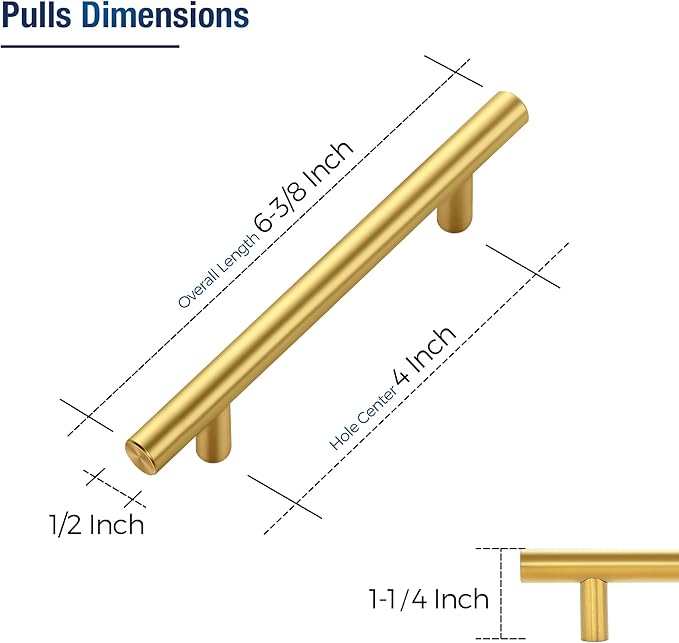 JOY DECOR 30 Pack Cabinet Handles, Gold Cabinet Pulls, 4 in Hole Center Kitchen Cabinet Handles, Stainless Steel T Bar Handles for Dresser Drawers
