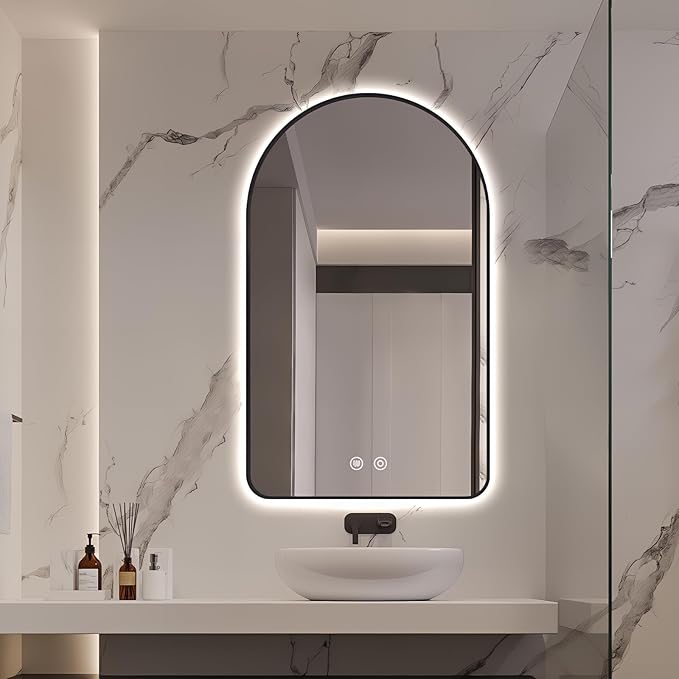 Niccy Arched LED Lighted Bathroom Mirror, 48x30 Inch Backlit Vanity Bathroom Mirror with Lights Brushed Black Framed Wall Mounted Mirrors with 3 Color Shatterproof Arch Smart Fog Free Mirror