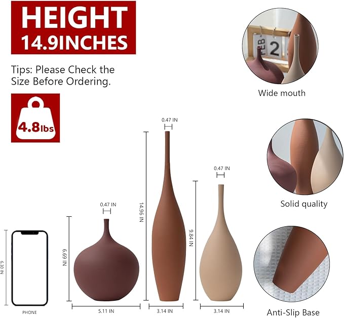 Ceramic Modern Vase Set of 3 Farmhouse Decorative Vase Minimalist Aesthetic Vases for Centerpieces Matte Ribbed Vases for Home Decor Table Entryway Living Room (Brown+Khaki+ Dark Red)