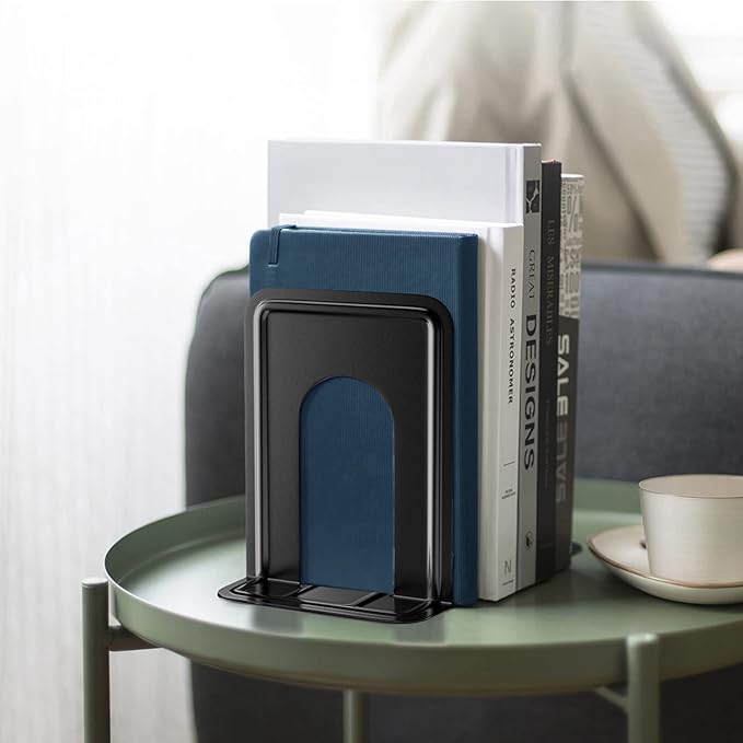 MaxGear Premium Matte Painted Book Ends, Heavy Duty and Sturdy Bookends for Shelves, Office Non-Skid Metal Book End Stopper for Books/CDs/DVDs, 6 x 4.6 x 6 in, Black, 2 Pairs/4 Pieces, Large