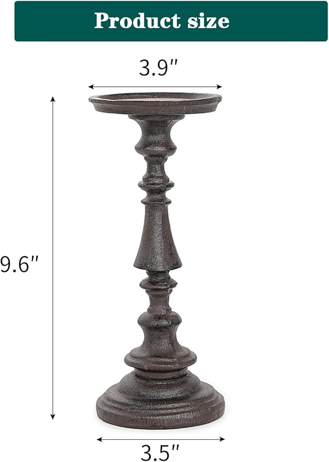 Sungmor Rustic Cast Iron Pillar Candle Holder, 9.6" Tall Vintage Candlestick Holders, Table Centerpiece Metal Candle Holder, Farmhouse Candle Stand for Fireplace Shelf Home Decor