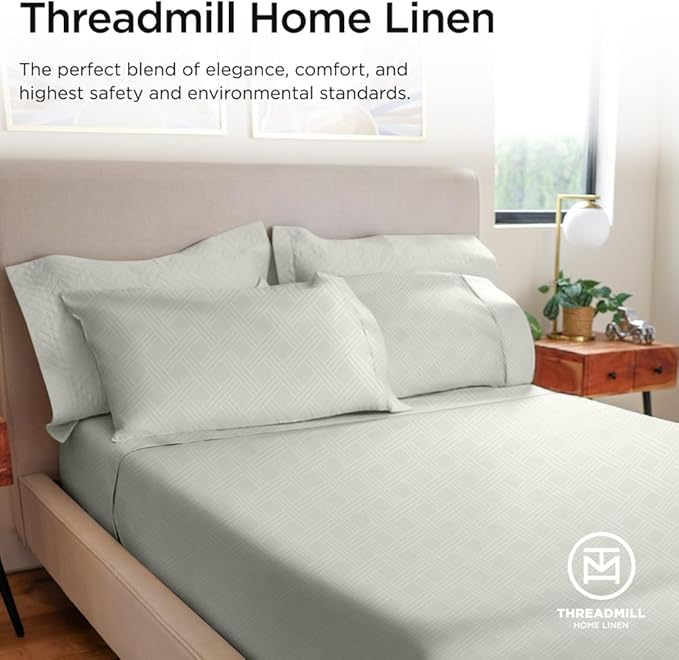 Threadmill Twin Sheets for Twin Mattress | 800 Thread Count Jacquard Celine Light Grey Sheets | 100% Cotton 3 Piece Bed Sheets | Extra Long Staple Cotton | Cotton Sheets with Elasticized Deep Pocket