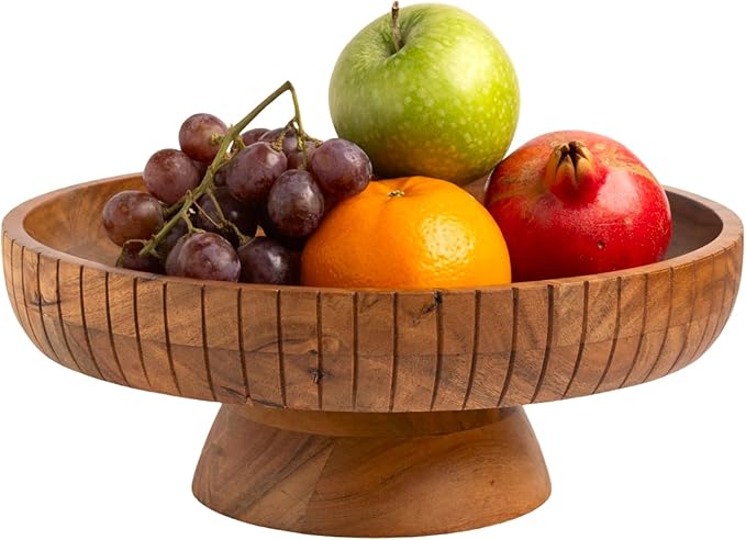 Acacia Wood fruit bowl with pedestal | 12" dia | Decorative bowl used as Centerpiece for kitchen counter or dining table | Wooden table decor| (Natural Finish)