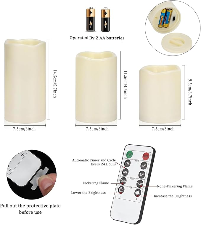Flameless Candles 4" 5" 6" Set of 3 Ivory Outdoor Indoor Pillars 3" Diameter Battery Operated Flickering Candles Include 10-Key Remote Timer Function 400+ Hours Requires 2 AA Batteries