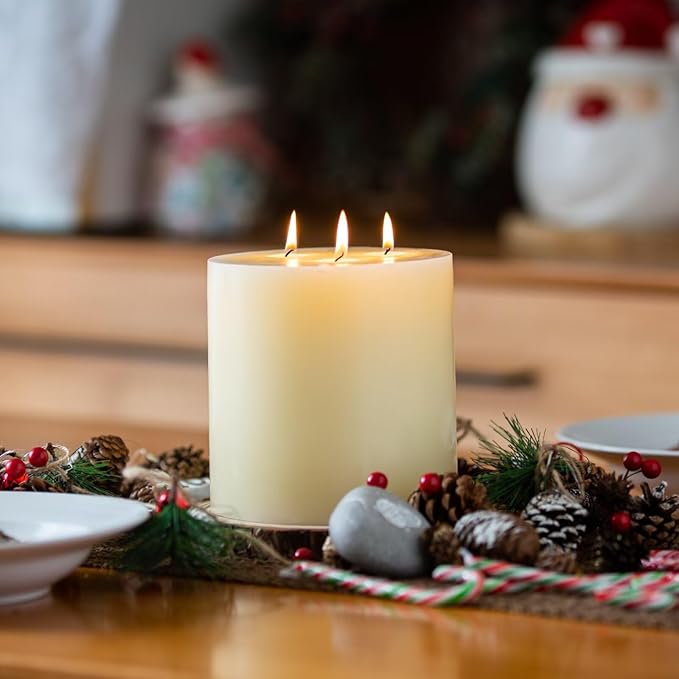MOZEAL Extra Large 3 Wick Ivory Pillar Candle, 6" x 6", Unscented, Dripless, Smokeless, and Clean-Burning. Approx. 120 Hours of Burn Time. Perfect for Weddings, Dinners, Christmas and Home Decor