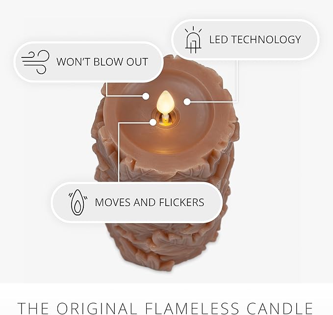 Luminara Embossed Leaves Flameless Pillar Caramel Café, Moving Flame LED Candle Real Wax Unscented Battery Operated (3.5" x 6.5")