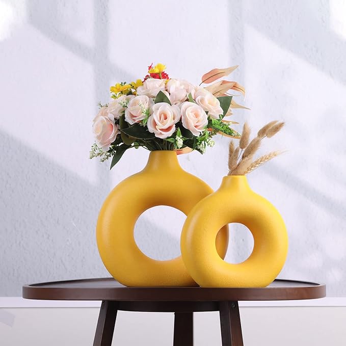 Yellow Ceramic Vase Set of 2 - Yellow Vase for Home Decor, Round Boho Vases for Pampas Grass and Flowers Decor, Modern Living Room, Bedroom, Fireplace, Farmhouse, and Centerpieces
