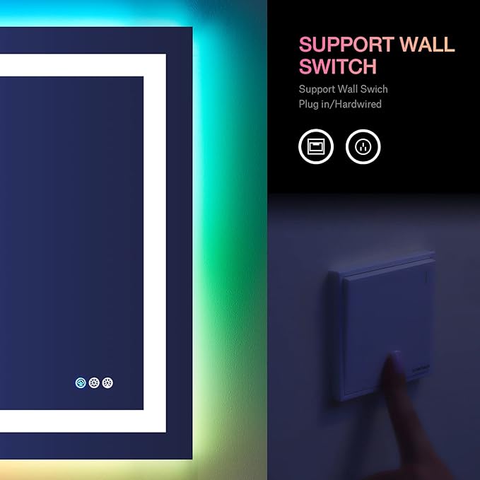 LOAAO 40”X30“ RGB LED Bathroom Mirror with Lights for Bathroom, Anti-Fog, Dimmable，Multiple Light Modes, RGB Backlit + Front Light, Memory Function, Tempered Glass