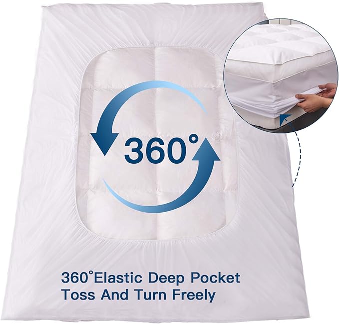 ELEMUSE Twin XL Size Fusion Goose Down Featherbed Mattress Topper for College Dorm, Thick and Fluffy Double Layer Pillowtop Mattress Pad, with 8-21 Inch Deep Pocket