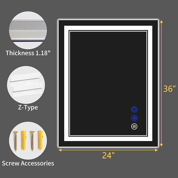 36"x24" LED Bathroom Mirror with Anti-Fog, Stepless Dimmable Lights, 3 Color Modes, Shatter-Proof Tempered Glass, Memory Function & Waterproof Design