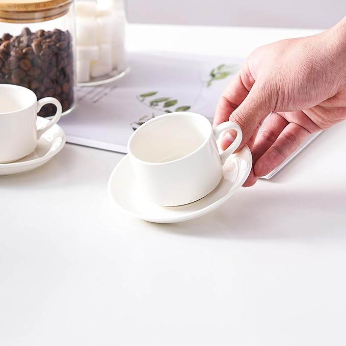 4oz Porcelain Stackable Espresso Cups with Saucers and Metal Stand Set of 4, Stackable Cappuccino Cups, White Expresso Shots Cup Set for Coffee Drinks, Latte, Americano, Tea
