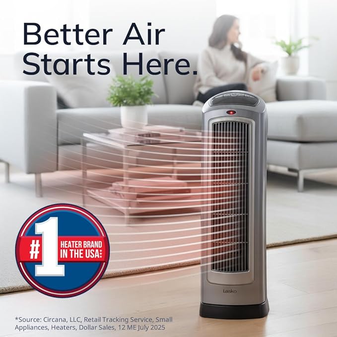 Lasko Oscillating Digital Ceramic Tower Heater for Home with Adjustable Thermostat, Timer and Remote Control, 23 Inches, 1500W, Silver, 755320