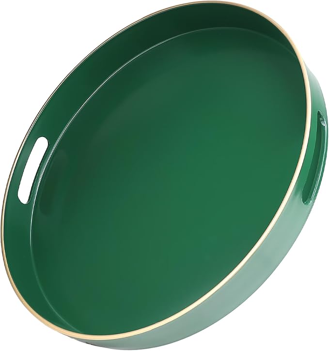Green Round Decorative Tray with Handles, 13" Versatile Serving Tray for Coffee Table, Ottoman, Ideal for Serving, Displaying, Organizing