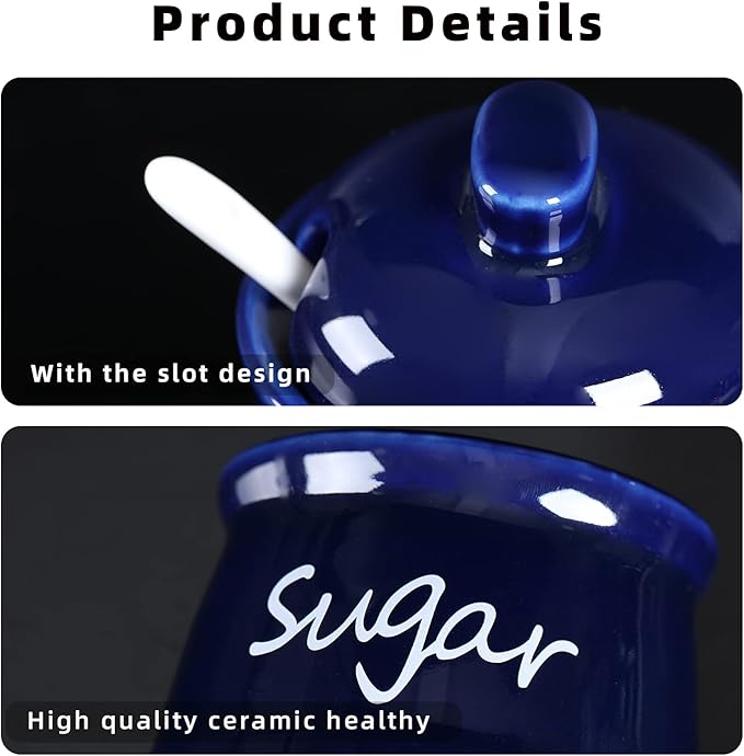ONTUBE Ceramic Sugar Bowl with Lid and Spoon 12oz (Navy)