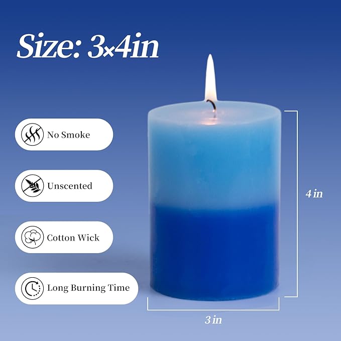 KONNI Blue Layered Pillar Candles Set of 3, 3"x 4" Unscented Pillar Candles Bulk, 39 Hours Long Burning Candles, Smokeless&Dripless Large Round Candle for Wedding, Home Decoration, Parties, Dinner