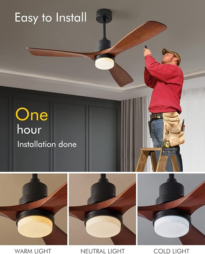 Modern Ceiling Fans with Lights, 3 Wood Fan Blades, 52" Black with Remote Control, Noiseless Reversible DC Motor for Bedroom/Living Room/Study/Patio