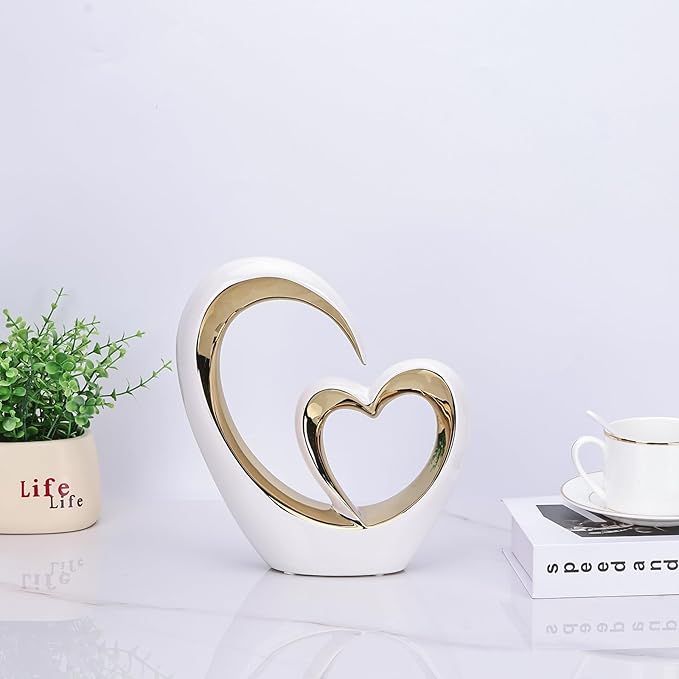 LCCCK Porcelain Double Heart Decor,White and Gold Sculpture Home Decor for Living Room Entryway Coffee Dining Table Shelves, Wedding Anniversary, Valentine's Gift for Couples & Lovers Modern