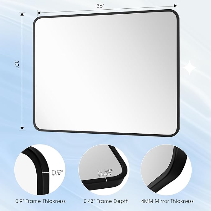 30x36 Inch Rectangle Bathroom Mirror with Black Metal Frame, Rounded Corner Rectangular Vanity Mirror for Wall, Modern Large for Bedroom, Living Room, Horizontal or Vertical