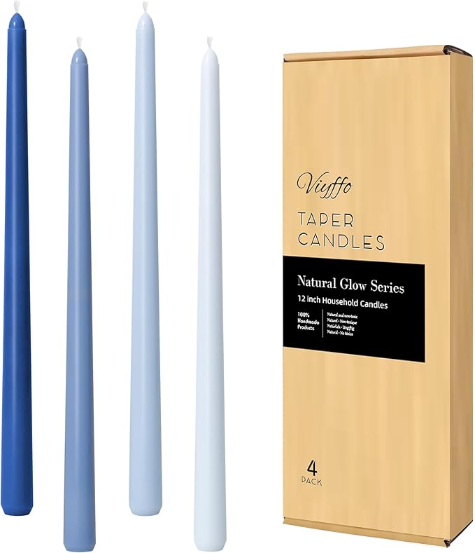Viyffo Taper Candles 12 Inch 4 Pack Blue, 9 Hour Burn Unscented Dripless & Smokeless Decorative Candles for Dinner, Wedding & Home Decor