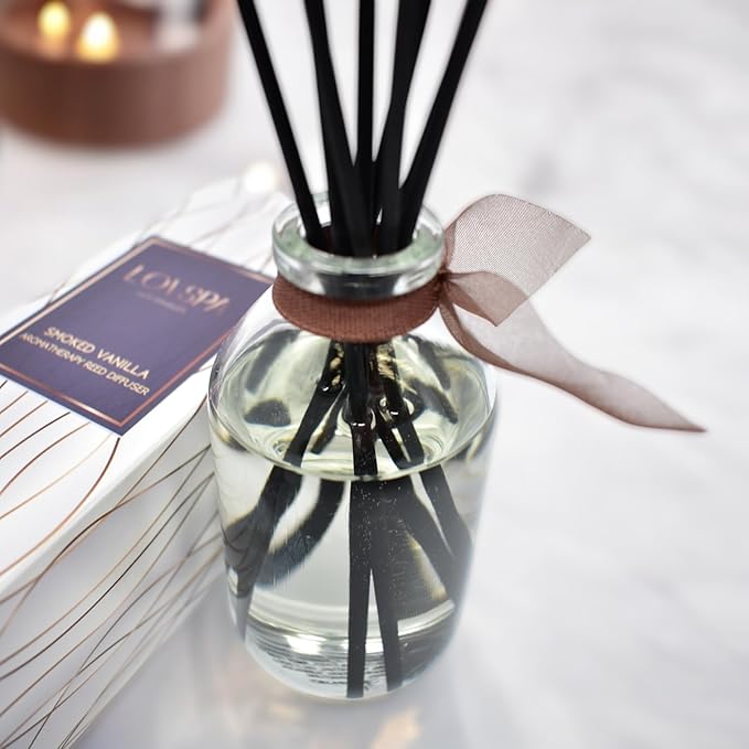 LOVSPA Reed Diffuser Set, Smoked Vanilla Scented Oil Diffuser with Sticks, Home Fragrance Accessories for Bathroom Shelf Decor, Aroma Diffusers for Home or Office Fall Decor, USA Made
