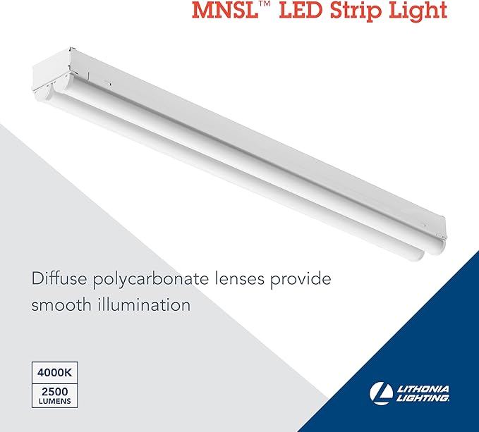 Lithonia Lighting 2 Light LED Strip Light, 2 Foot LED Ceiling Lighting Fixture, 2500 Lumens, 4000K, 80CRI, 20W, Kitchen and Garage Use (MNSL L24 2LL MVOLT 40K 80CRI M6)