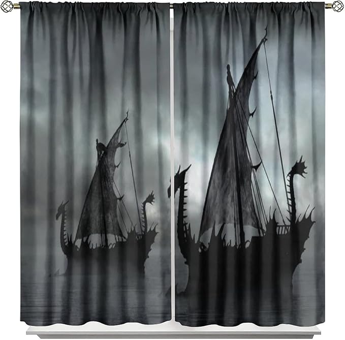 Viking Ship Blackout Curtains,Gloomy Misty Lake Landscape Fantasy Black White Color Sailing Dragon Boat Window Drapes for Boys Girls Bedroom Living Room,Norse Decor 52x84in
