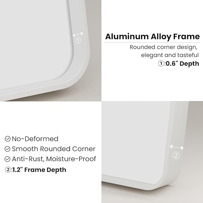 White Bathroom Mirror 24x36 Inch, White Metal Framed Bathroom Mirror for Wall, Rounded Rectangle Matte Bathroom Vanity Mirror, Tempered Glass, Anti-Rust, Horizontal/Vertical