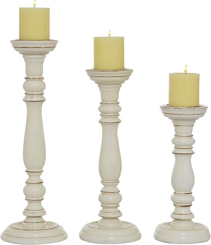 Deco 79 Mango Wood Decorative Candle Holder Candle Stand, Set of 3 Candlestick Holder 18", 15", 12"H, White