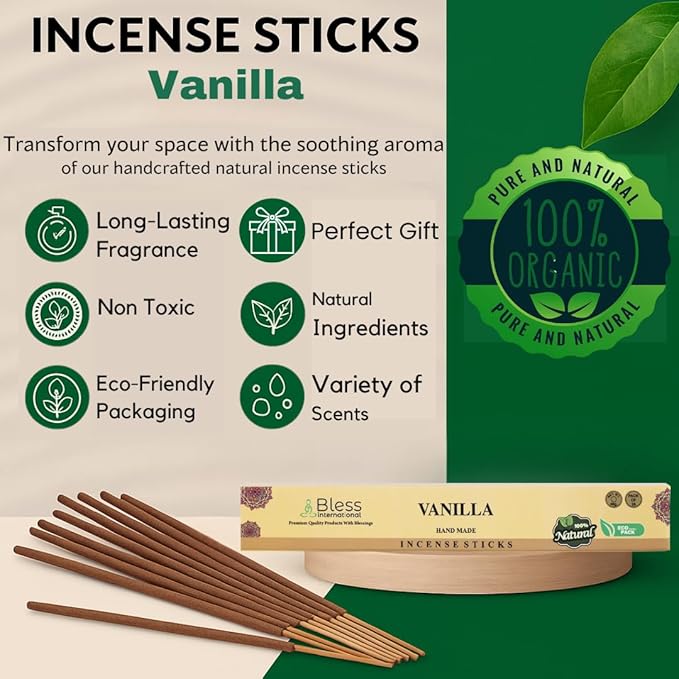 Bless-Vanilla 100%-Natural-Handmade-Hand-Dipped-Incense-Sticks Organic-Chemicals-Charcoal-Free Purification-Relaxation-Positivity-Yoga-Meditation Best-Woods-Scent (500 Sticks(26 OZ))