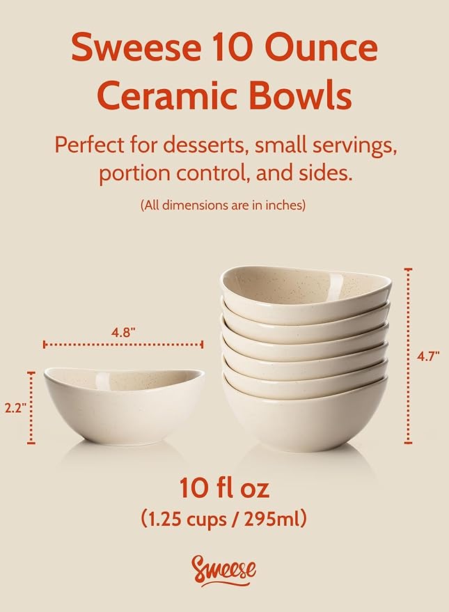 Sweese Porcelain Bowls 6-Pack - 5 Inch, 10 oz for Dessert, Soup, Rice, Microwave, Dishwasher Safe - Beige