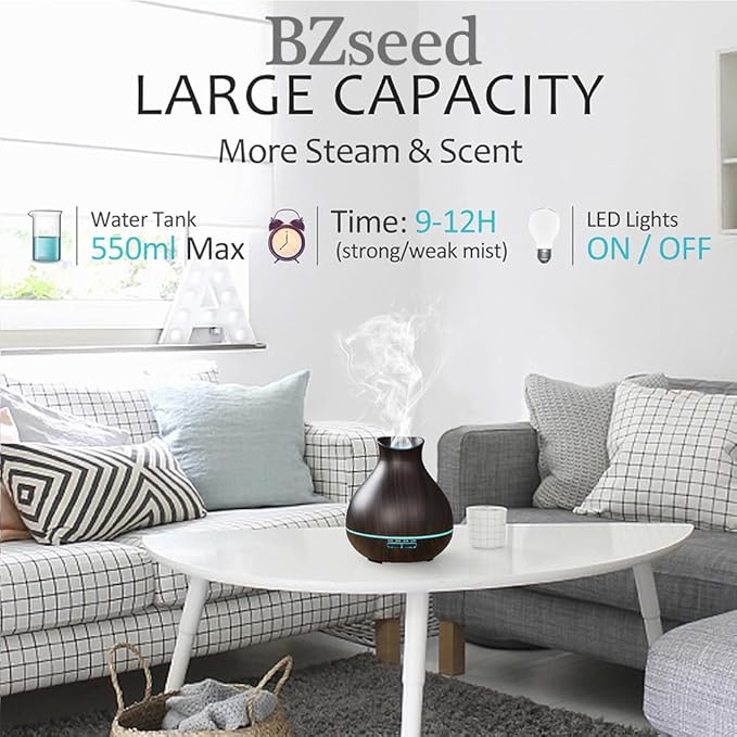 BZseed Aromatherapy Essential Oil Diffuser, 550ml Ultrasonic Fragrant Oil Large Room Humidifier, Diffusers for Home with Timer and Waterless Auto-Off, 7 Color LED Lights,Cool Mist Humidifiers