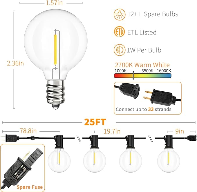 Svater Outdoor String Lights LED 25 FT, Patio Globe Lights with 13 Plastic G40 Bulbs, Waterproof Dimmable Outside Hanging Light for Backyard Bistro Cafe Porch Party Decor, 2700K Warm White