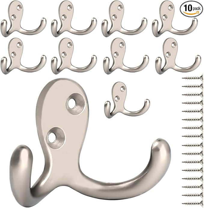 IBosins 10 Pack Heavy Duty Double Prong Coat Hooks Wall Mounted with 20 Screws Retro Double Hooks Utility Hooks for Coat, Scarf, Bag, Towel, Key, Cap, Cup, Hat