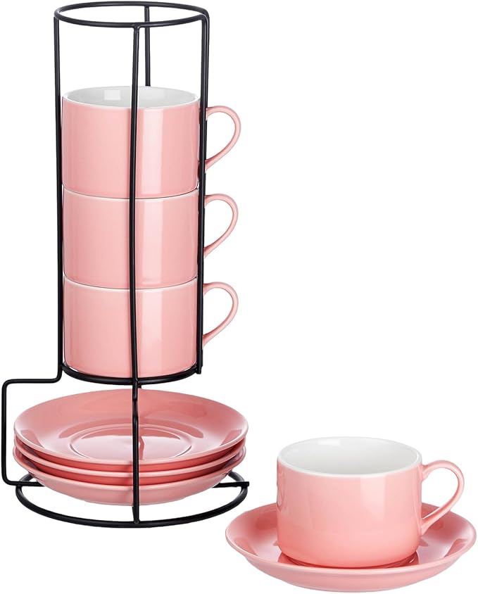 8oz Porcelain Stackable Cappuccino Cups with Saucers and Metal Stand Set of 4, Coffee Cups for Espresso, Specialty Coffee Drinks, Latte, Americano and Tea - Pink