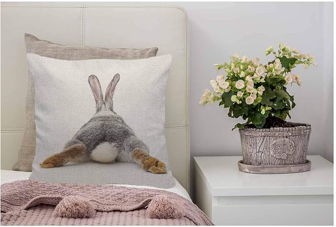 WONDERTIFY Throw Pillow Case Cover Grey Rabbit Isolated on A White Background Bunny Tail Back - Soft Linen Pillow Case for Decorative Bedroom/Livingroom/Sofa/Farm House - Cushion Covers 18x18 Inch