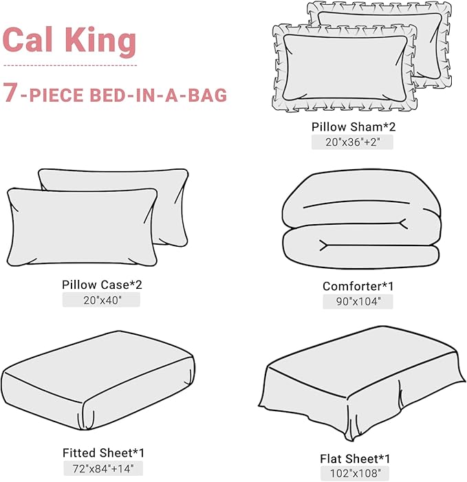 JOLLYVOGUE Burgundy Cal King Size Comforter Sets 7 Pieces, Pintuck Bed in a Bag Comforter Set for Bedroom, Bedding Comforter Sets with Comforter, Sheets,Ruffled Shams & Pillowcases