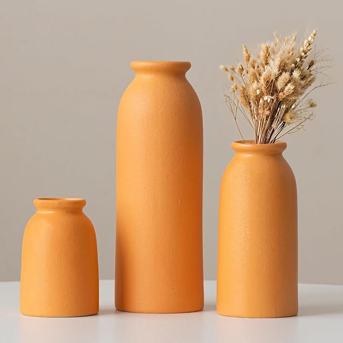 Ceramic Vase Set-3, Small Flower Vases for Decor, Modern Boho Farmhouse Style, Decorative Vases for Pampas Grass & Dried Flowers, Distressed Finish (Orange)