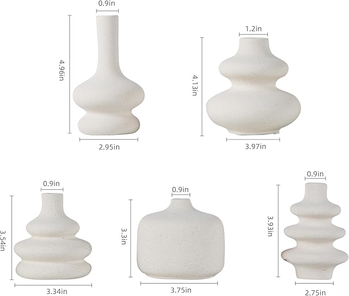 JOJUNO White Bud Vases, Small Ceramic Vase Set of 5, Mini Pottery Vases for Flowers, Decorative Vases for Home Modern Decor, Boho Decor, Chic Vases for Living Room Dining Table Shelves