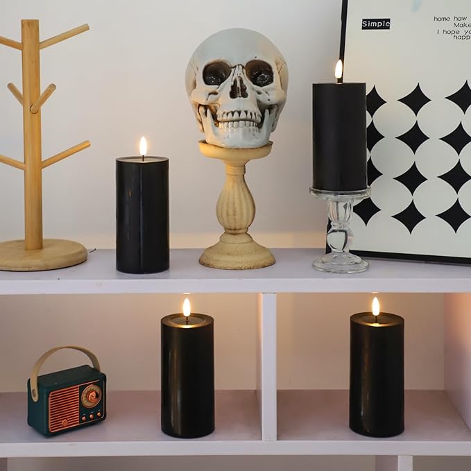 4 Packs Flameless Candles, Black Battery Operated Candles, Black Halloween LED Candles, Real Wax Flickering Candlelights with Remote for Home Fall Halloween Christmas Party Candelabra